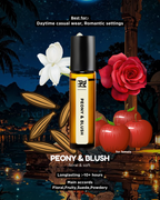 Perfume bottle labeled 'Peony & Blush' with flowers and lanterns in a romantic setting