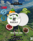 Beard balm container with mountain and nature-themed design, featuring Wulong Cha flavor.