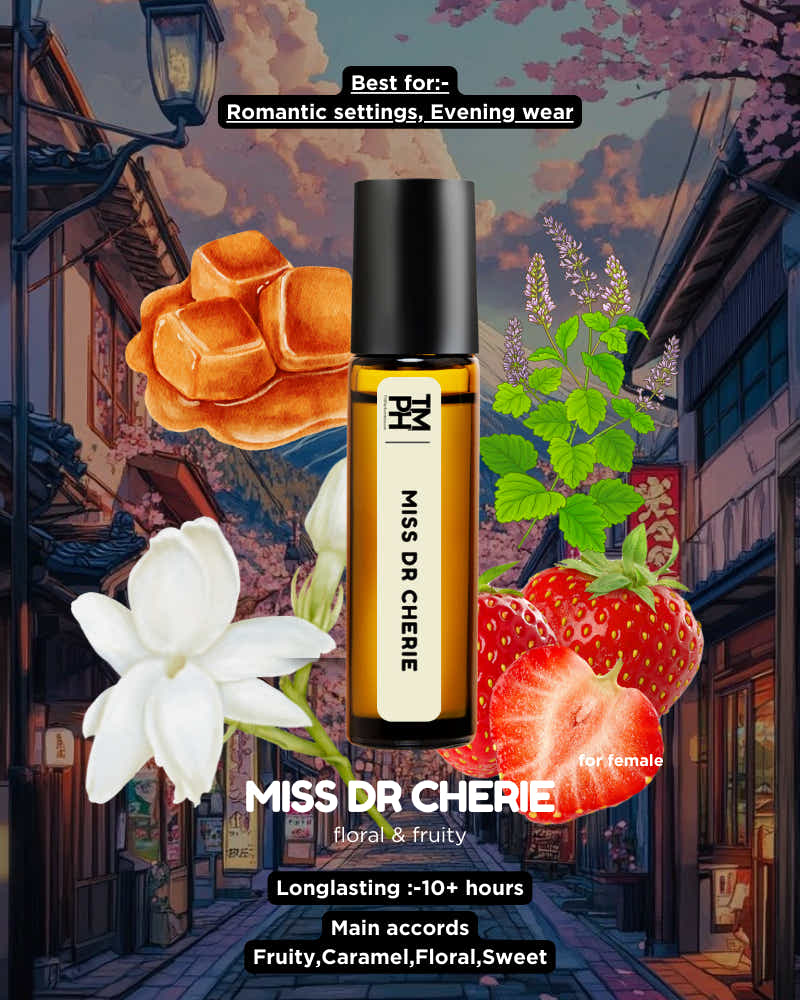 Miss Dr Cherie perfume bottle with floral, fruit, and architectural elements in the background