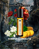 Aventus & Absolute cologne bottle with fruits and flowers against a mountainous background