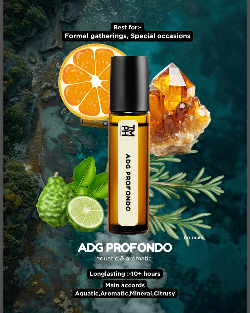 ADG Profondo perfume bottle with citrus fruits and crystals on a dark background