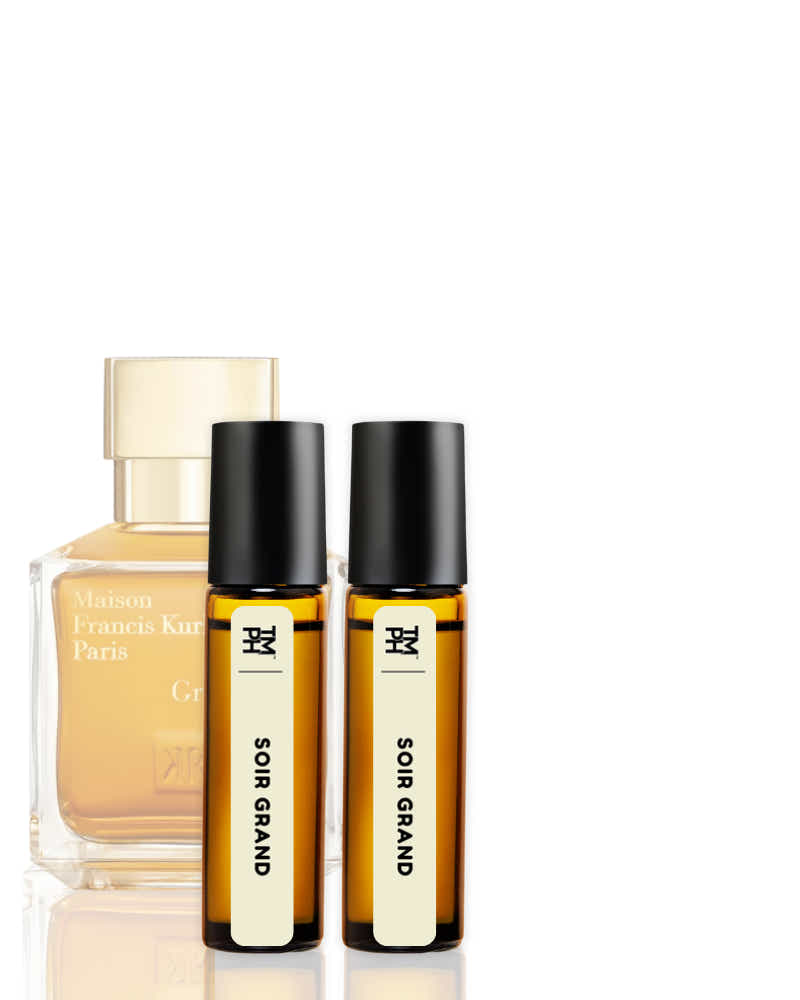 Two perfume bottles labeled 'SOIR GRAND' by Maison Francis Kurkdjian on a white background.