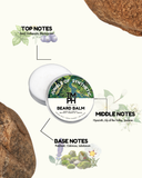 Beard balm container with notes on top, middle, and base notes on a white background