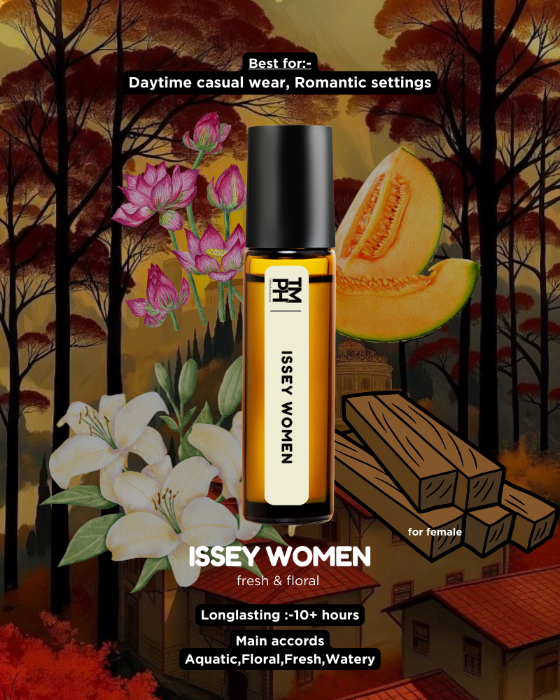 Issey Women perfume bottle with melon and flowers in a forest setting