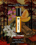Issey Women perfume bottle with melon and flowers in a forest setting
