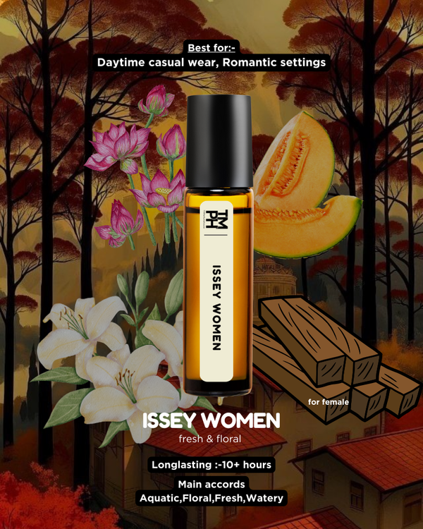 Issey Women perfume bottle with melon and flowers in a forest setting