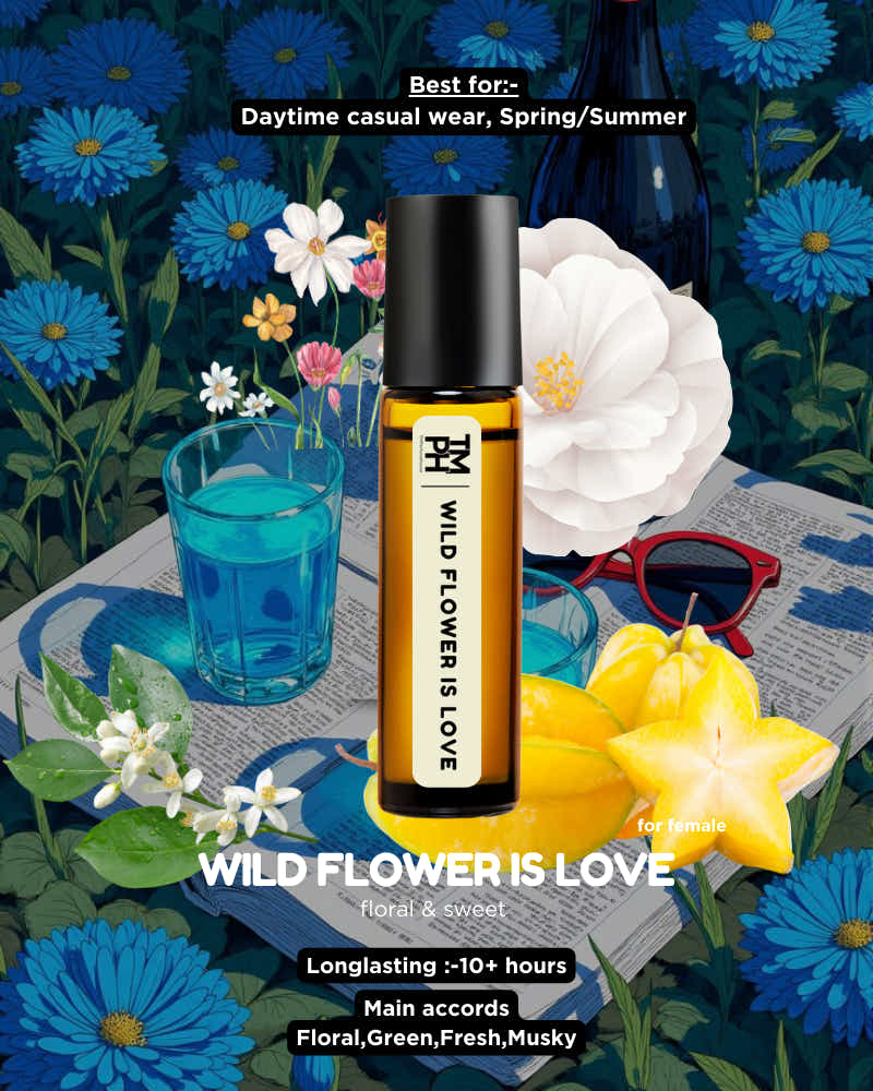 Roll-on bottle of 'Wild Flower is Love' with a floral background