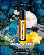 Roll-on bottle of 'Wild Flower is Love' with a floral background