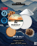 TM PH Sea & Salt Beard Balm packaging with natural elements on a blue wave background