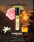 Honey Oud perfume bottle with floral and natural elements against a mountainous background