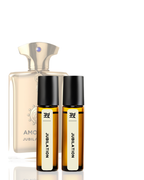 Set of perfume bottles with 'Amor' and 'Jubilation' on a white background