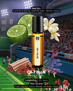 CR-7 Blue cologne bottle with lime, flowers, and sports stadium background