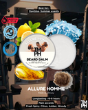 Beard balm packaging with lemon and blue elements, gym background