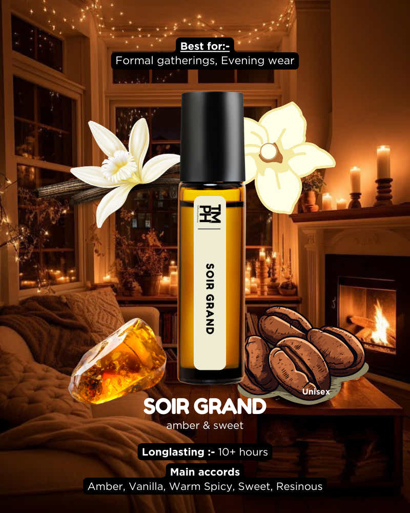 Vial of SOIR GRAND perfume with decorative elements in a cozy room setting.