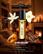 Vial of SOIR GRAND perfume with decorative elements in a cozy room setting.