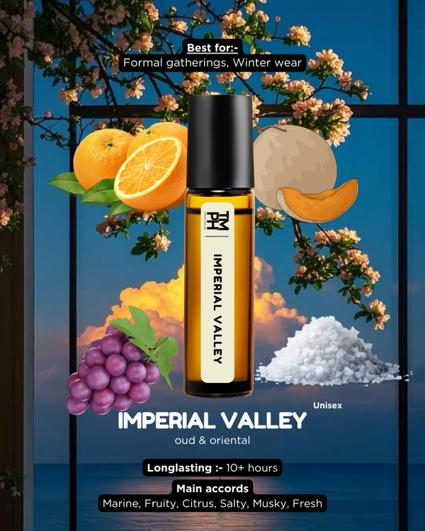 Imperial Valley perfume bottle with fruit illustrations and product details on a scenic background