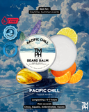 Beard balm container with ingredients and branding on a blue background