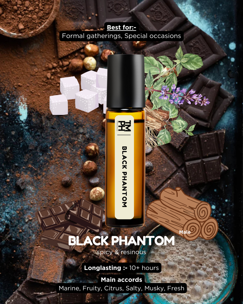 Black Phantom perfume bottle surrounded by chocolate and spices on a dark background