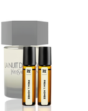 Yves Saint Laurent perfume bottle with two Prada L'Homme bottles on a white background