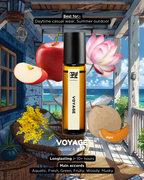 Voyage cologne bottle with beach scene and fruit on a balcony