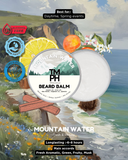 Beard balm packaging with scenic background and product details