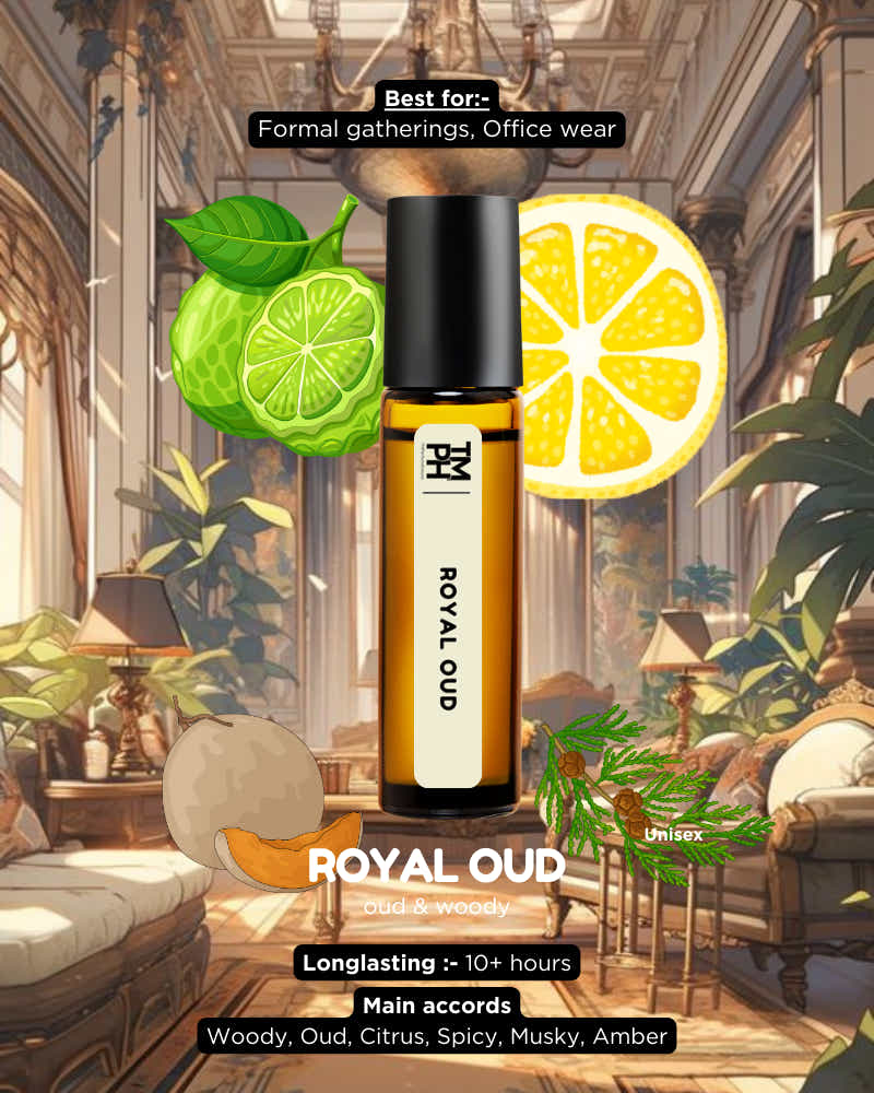 Roll-on bottle labeled 'ROYAL OUD' with lime and lemon graphics in an elegant room setting.