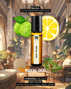 Roll-on bottle labeled 'ROYAL OUD' with lime and lemon graphics in an elegant room setting.