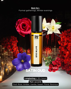 Satin Oud perfume bottle with flowers and candles on a dark background