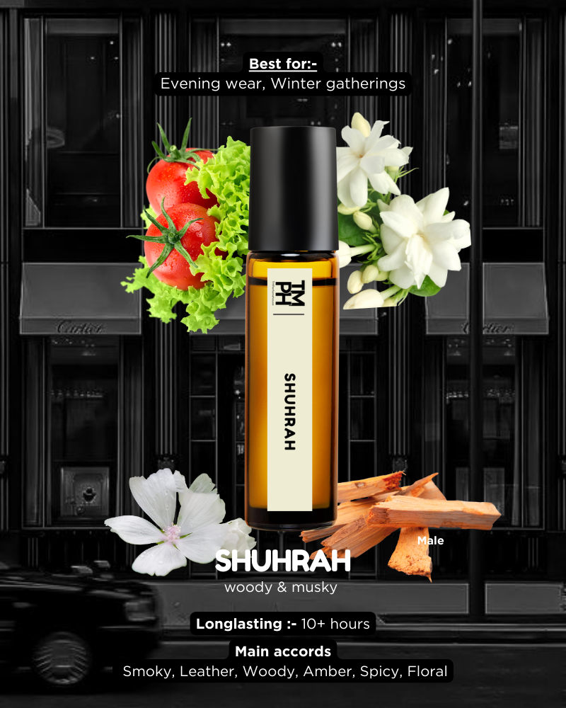 Shuhrah cologne bottle with floral and fruit elements on a dark background