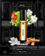 Shuhrah cologne bottle with floral and fruit elements on a dark background