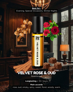 Velvet Rose & Oud perfume bottle on a wooden desk with decorative elements.