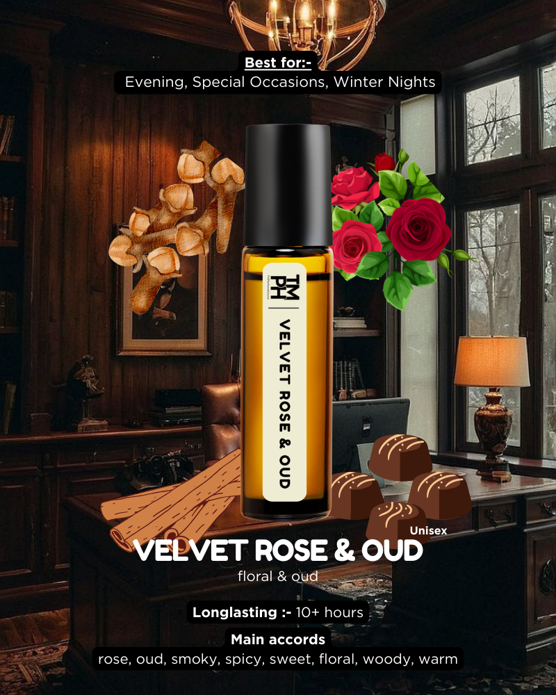 Velvet Rose & Oud perfume bottle on a wooden desk with decorative elements.