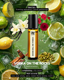 Vodka on the Rocks bottle surrounded by lemons, flowers, and herbs on a green background.