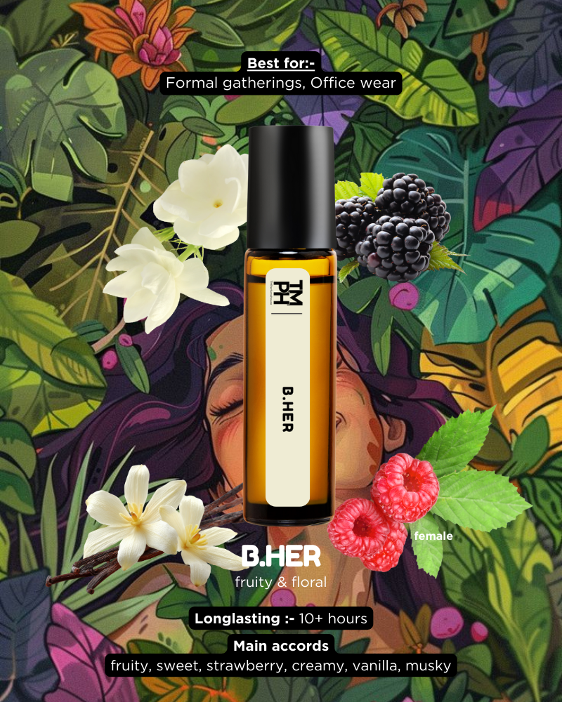 B.HER perfume bottle with floral and fruit elements on a colorful leafy background