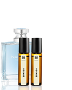 Two small amber bottles labeled 'Voyage' next to a larger clear bottle with a blue label on a white background.