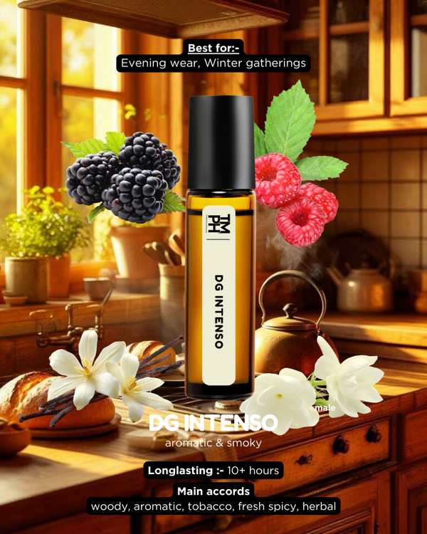 DG Intenso perfume bottle with blackberries, raspberries, and flowers on a wooden surface.