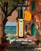 Roll-on bottle of 'Light Blue Forever' cologne with scenic background