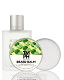 Beard balm packaging with a white container and green label on a white background