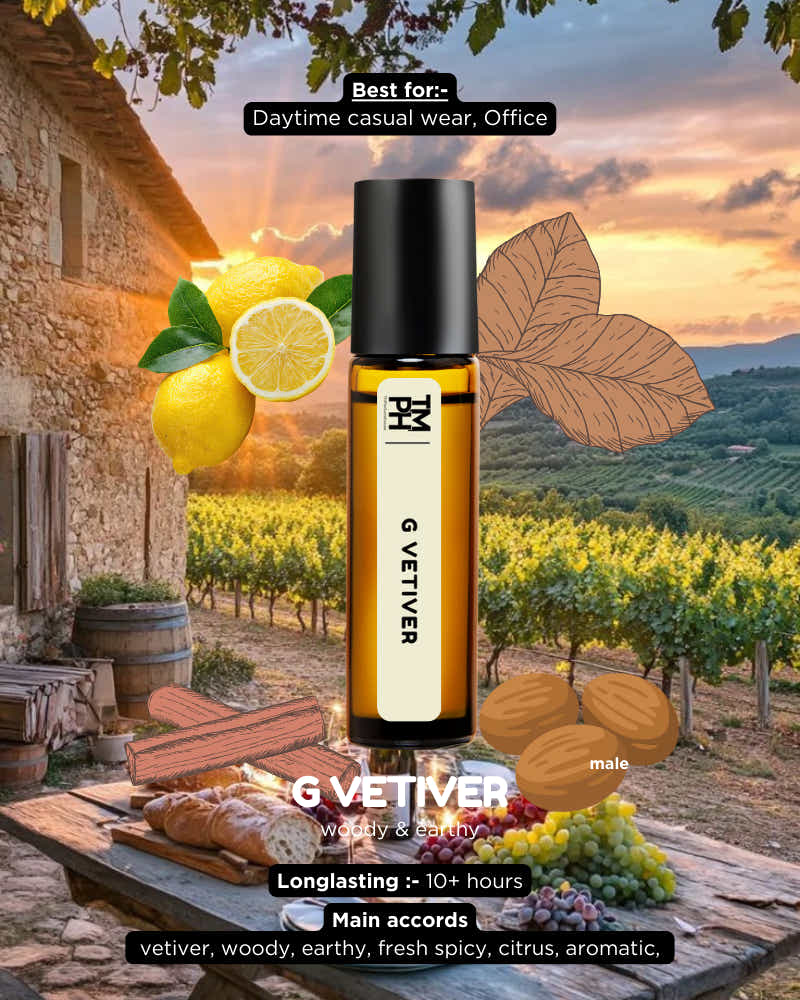 G Vetiver cologne bottle with lemon, vetiver roots, and a scenic background