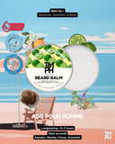 Beard balm packaging with beach scene and product details