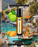 L'Homme Cologne bottle with scenic background of a coastal town.