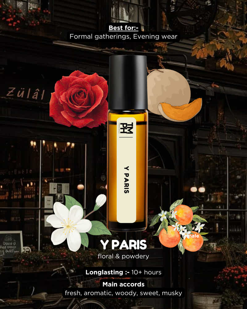Y Paris perfume bottle with floral elements and outdoor setting