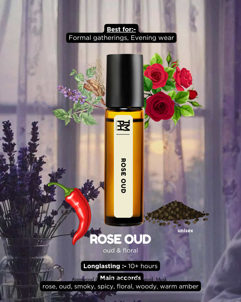 Rose Oud perfume bottle with floral and spice elements on a blurred background