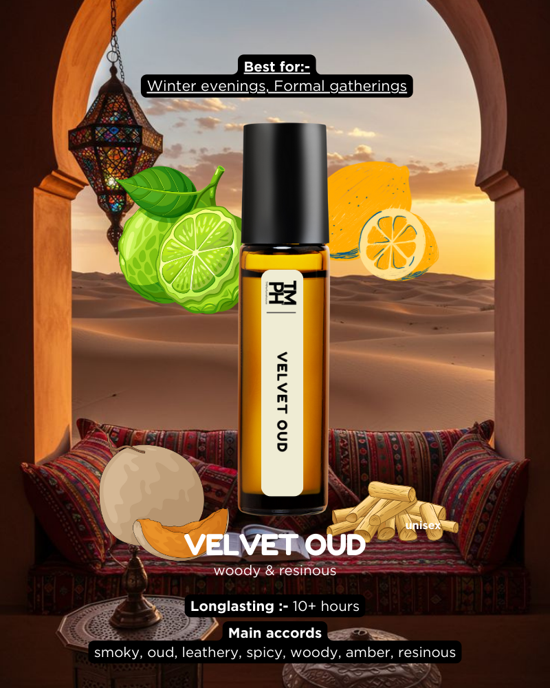 Velvet Oud diffuser bottle with desert scene and lantern in the background
