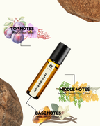 Roll-on bottle with essential oil and botanical elements on a white background
