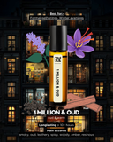 Advertisement for 1 Million & Oud perfume with floral elements and building background