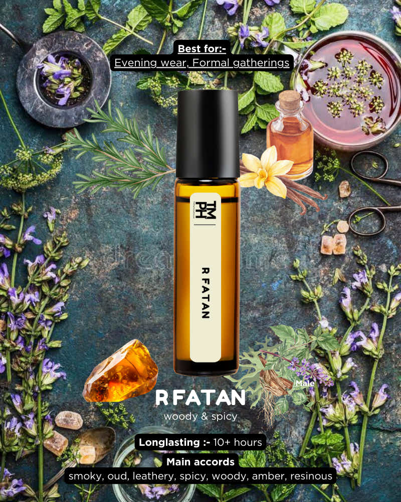 RFATAN perfume bottle surrounded by flowers and herbs on a textured surface