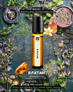 RFATAN perfume bottle surrounded by flowers and herbs on a textured surface