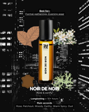 Perfume bottle labeled 'Noir de Noir' with cityscape background