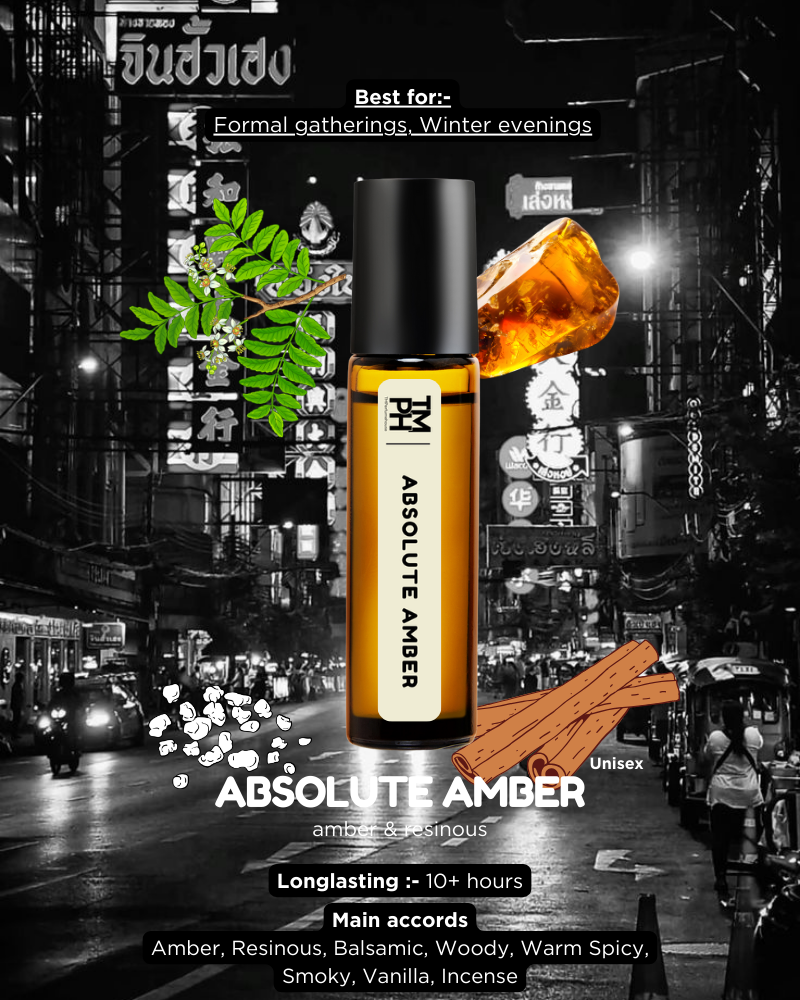 Absolute Amber perfume bottle with city street background